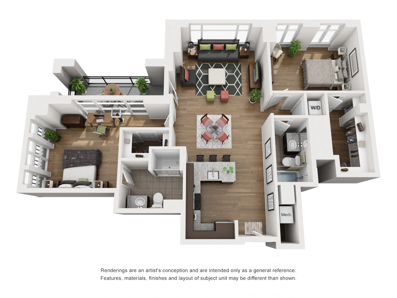 Floor plan for 2 beds, 2 baths, 1173 sqft